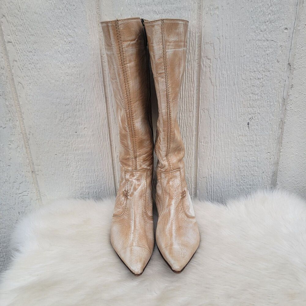 Womens Etro leather knee high Kitten Heel boots tan/crm sz 38.5 us 8.5 Western